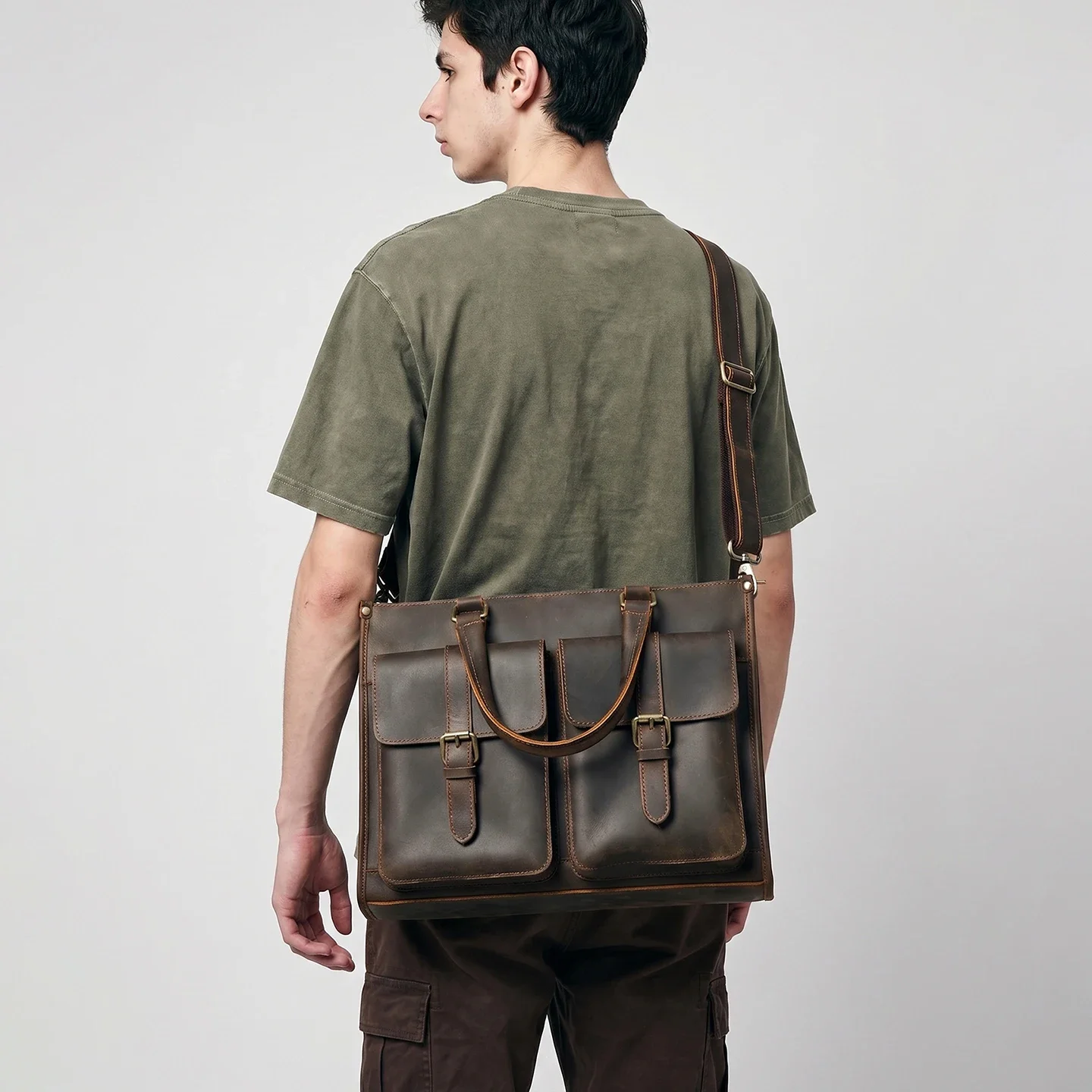 Leather Work Bag Mens - Maletín de Cuero Genuino Vintage para